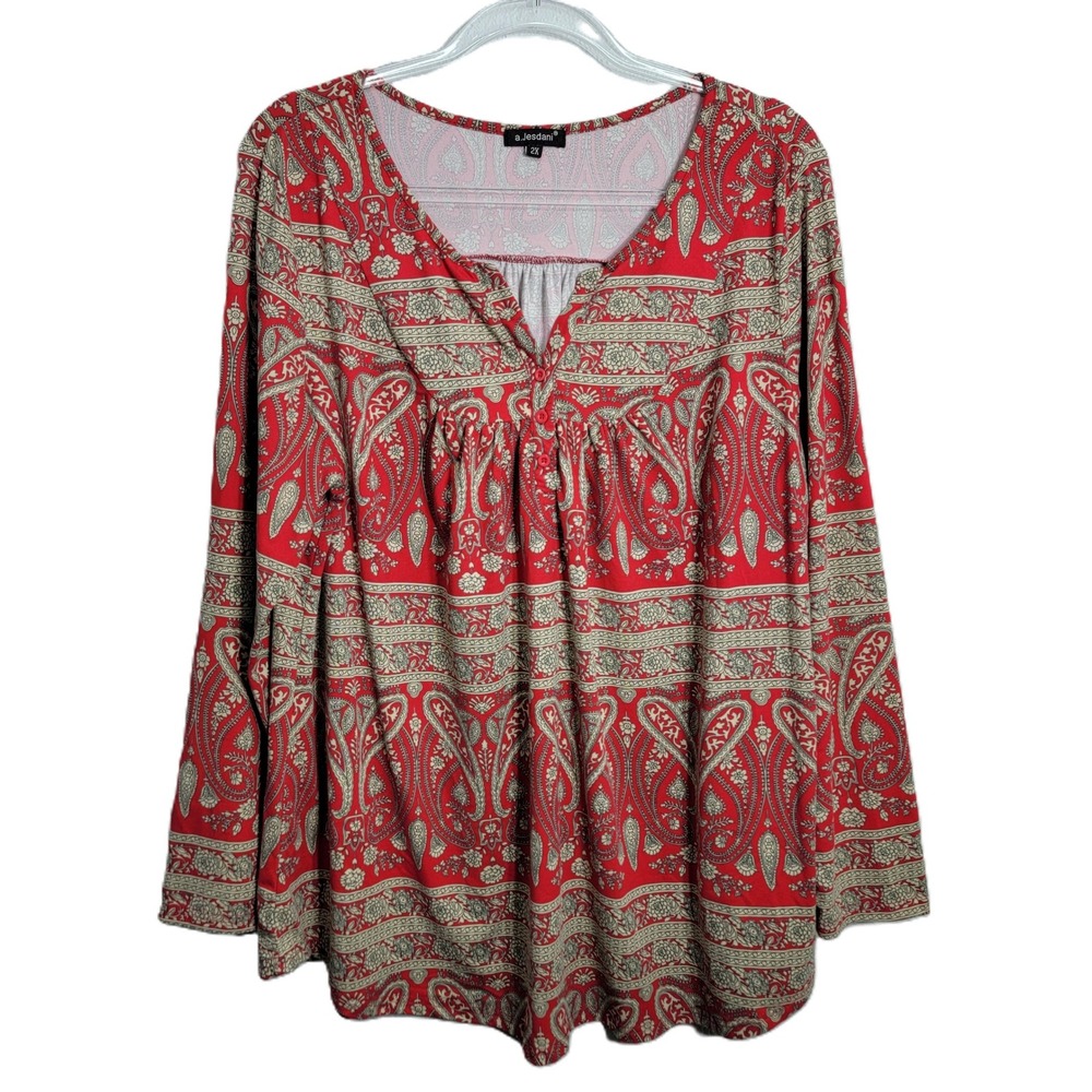 a.Jesdani Plus Size 2X Red Paisley V-Neck Long Sleeve Tunic Blouse Pleated Front